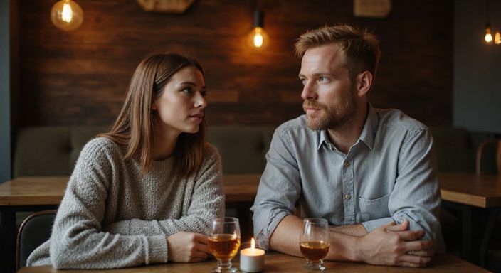 Ein Paar führt in einem Restaurant ein tiefgründiges Gespräch über sexkontakte München.