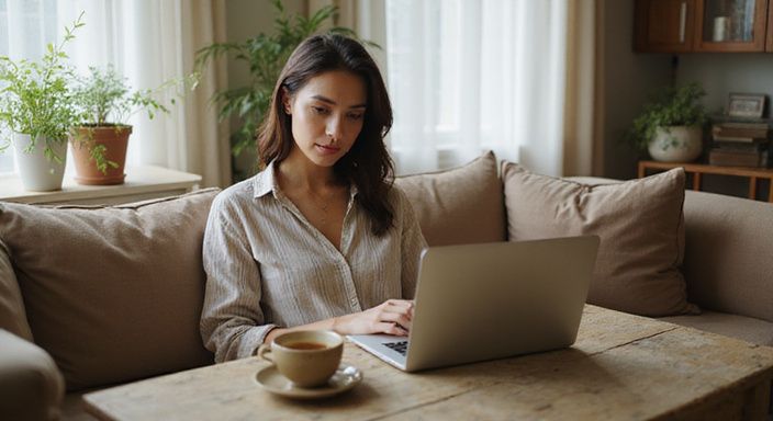 Eine Frau sitzt entspannt auf einem Sofa und arbeitet am Laptop und suche sexkontakte München.