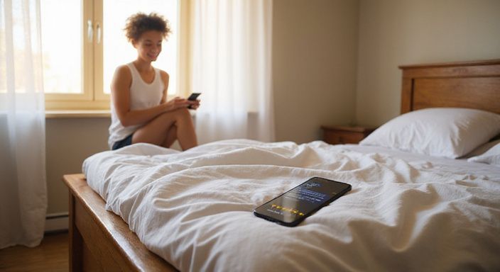 Ein entspannter Mensch sitzt auf dem Bett in einem gemütlichen Schlafzimmer.