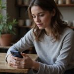 Eine Frau sitzt konzentriert mit einem Smartphone in einem gemütlichen Café