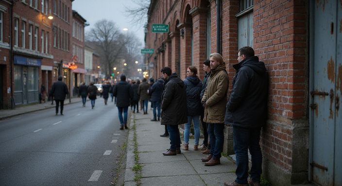 Enge, belebte Straße mit alten Gebäuden und wartenden Menschen. Enge, belebte Straße mit alten Gebäuden und wartenden Menschen.