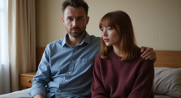 Ein Paar sitzt nachdenklich auf einem Hotelbett in Nordrhein-Westfalen. Ein Paar sitzt nachdenklich auf einem Hotelbett in Nordrhein-Westfalen.