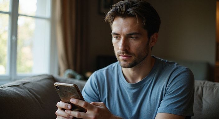 Ein nachdenklicher Mensch scrollt auf seinem Smartphone in einem Wohnzimmer. Ein nachdenklicher Mensch scrollt auf seinem Smartphone in einem Wohnzimmer.