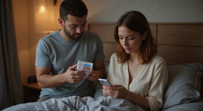 Ein Paar bereitet sich auf einen sicheren sexuellen Kontakt vor. Ein Paar bereitet sich auf einen sicheren sexuellen Kontakt vor.