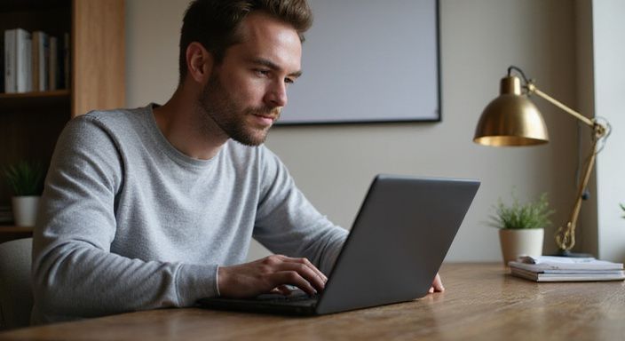 Ein Mann arbeitet konzentriert an seinem Laptop in einem Homeoffice. Ein Mann arbeitet konzentriert an seinem Laptop in einem Homeoffice und suche sexkontakte Nordrhein-Westfalen.
