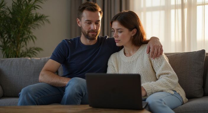 Ein Paar sitzt gemeinsam auf einer Couch und browsed eine Dating-Website.