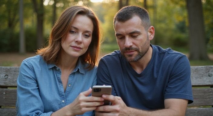 Ein Mann und eine Frau sitzen konzentriert auf einer Parkbank.