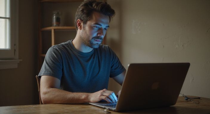 Ein Mann konzentriert sich am Schreibtisch auf seinen Laptop.