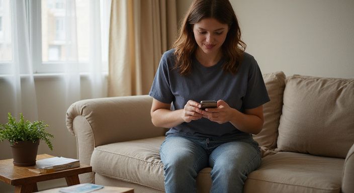 Eine entspannte Frau scrollt auf ihrem Smartphone in einem gemütlichen Wohnzimmer.
