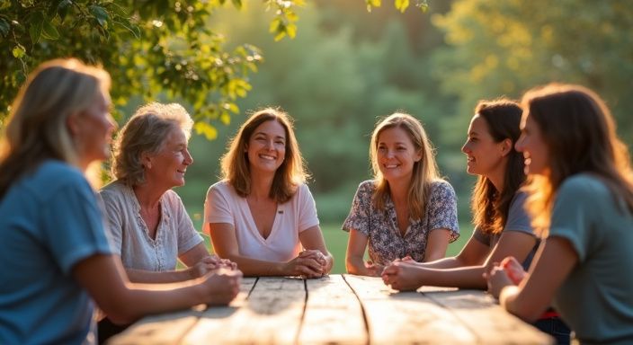 Eine diverse Gruppe von Erwachsenen genießt eine entspannte Zusammenkunft im Freien.