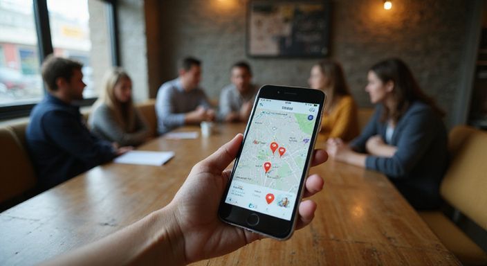 Wie finde ich sichere zuverlassige sexdates? Eine Hand hält ein Smartphone mit einer Dating-App und Karte.