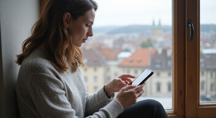 Eine Frau scrollt konzentriert auf ihrem Smartphone in einem Raum. Eine Frau scrollt konzentriert auf ihrem Smartphone in einem Raum.