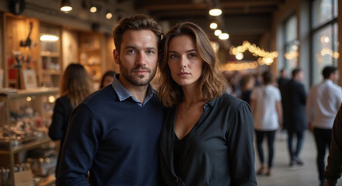 Ein Paar erkundet neugierig eine erotische Messe in Wien