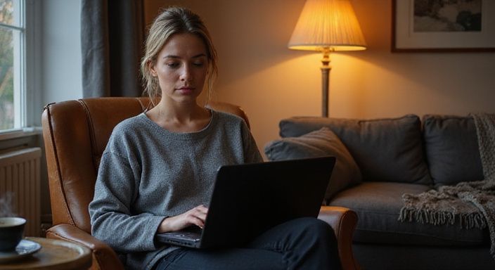 Eine Frau sitzt entspannt mit einem Laptop und Tee in einem Wohnzimmer. Eine Frau sitzt entspannt mit einem Laptop und Tee in einem Wohnzimmer.