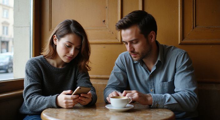 Ein Paar sitzt in einem Café und betrachtet seine Smartphones und suche erotisch kontakt in Österreich.
