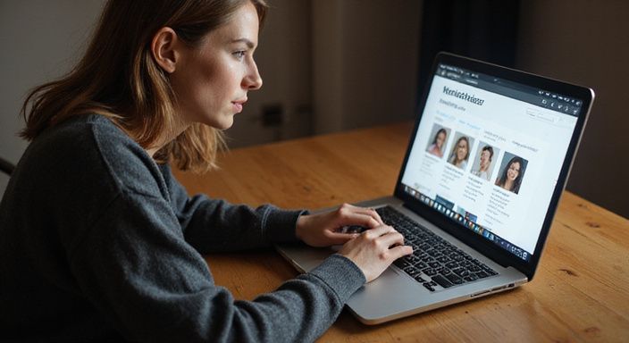 Eine Frau konzentriert sich auf ihrem Laptop an einem Schreibtisch. Eine Frau konzentriert sich auf ihrem Laptop an einem Schreibtisch.
