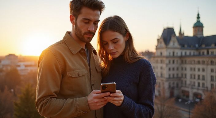 Zwei junge Menschen in Wien betrachten gemeinsam eine Smartphone-App. Zwei junge Menschen in Wien betrachten gemeinsam eine Smartphone-App für erotisch kontakt in Österreich.