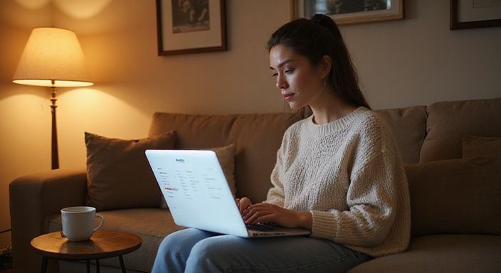 Eine Frau sitzt entspannt auf dem Sofa und nutzt ihren Laptop. Eine Frau sitzt entspannt auf dem Sofa und nutzt ihren Laptop.