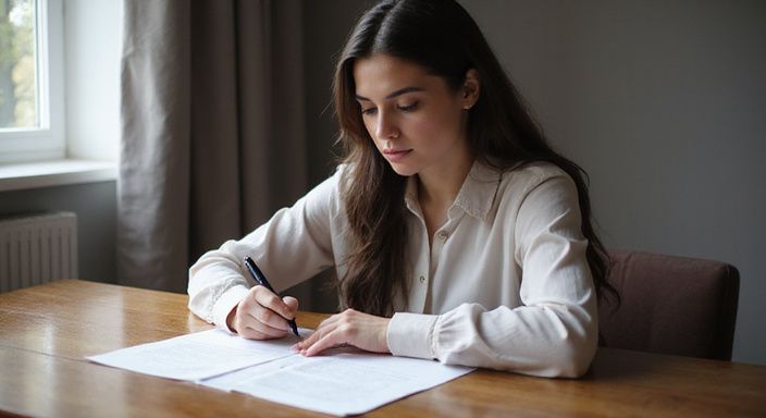 Eine Frau schreibt konzentriert eine Anzeige für einen Escort-Service. Eine Frau schreibt konzentriert eine Anzeige für einen Escort-Service.