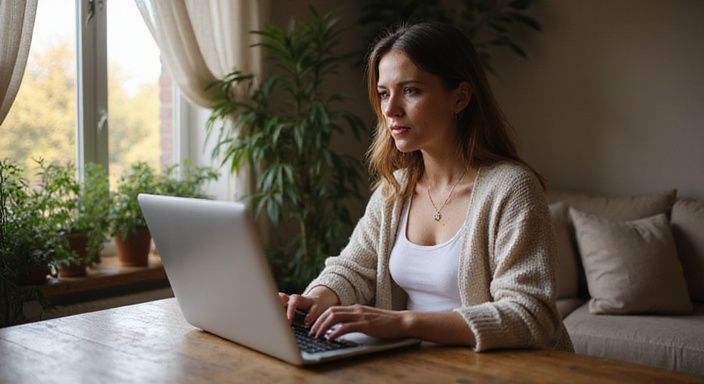 Eine Frau sitzt am Schreibtisch und nutzt ihren Laptop. Eine Frau sitzt am Schreibtisch und suche erotisch kontakt in Österreich.
