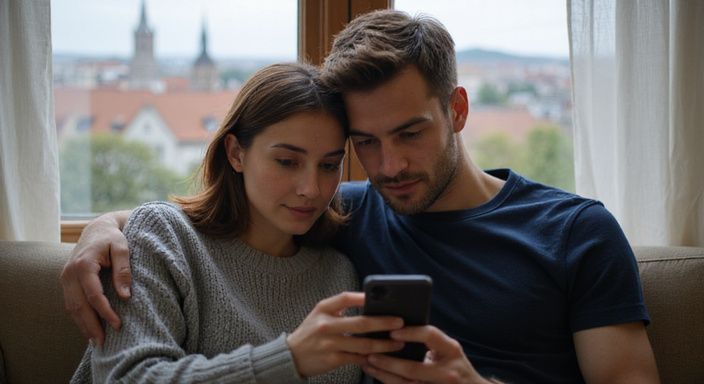 Ein Paar sitzt auf einer Couch und schaut konzentriert auf ein Handy. Ein Paar sitzt auf einer Couch und schaut konzentriert auf ein Handy.
