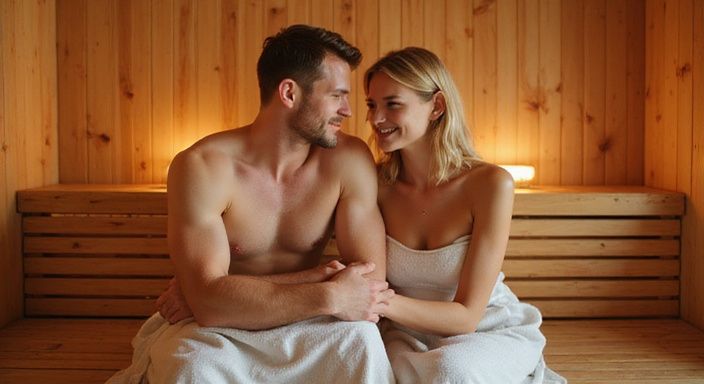 Ein Paar entspannt in einer Sauna auf Holzbänken.