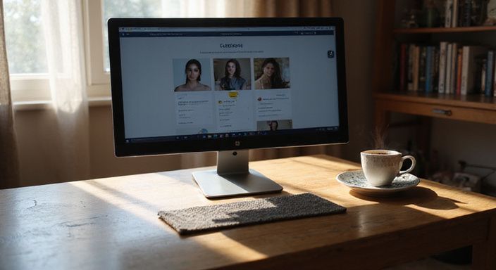 Ein moderner Schreibtisch mit Computer und Chat über Escort-Services.