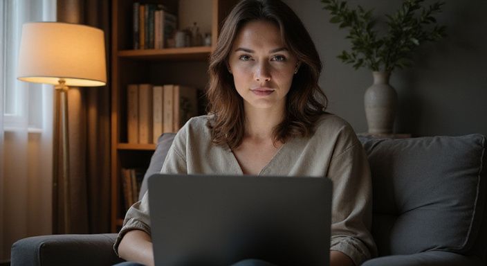 Eine Frau sitzt entspannt in einem eleganten Sessel mit Laptop und suche erotisch kontakt und sextreffen in Aargau.