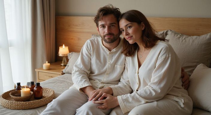 Ein entspanntes Paar sitzt vertraut auf einem Bett und wollen erotisch kontakt und sextreffen in Aargau.