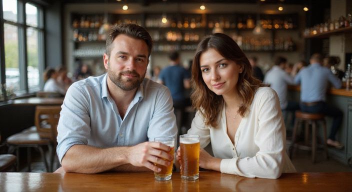 Zwei Personen genießen Drinks an einer lebhaften Hotelbar.
