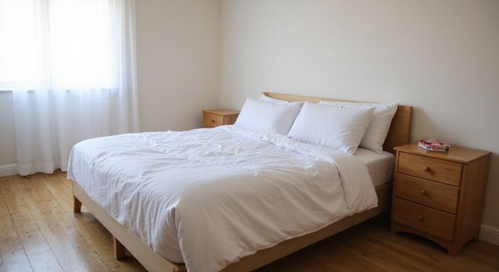 Ein gemütliches Schlafzimmer mit einem ordentlich gemachten Bett und Nachttisch.