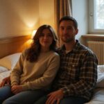 Ein Paar sitzt intim auf einem Bett in einem Hotelzimmer
