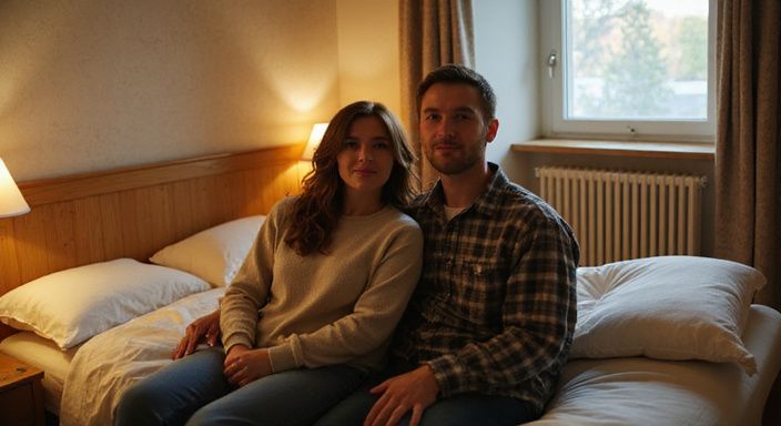 Ein Paar sitzt intim auf einem Bett in einem Hotelzimmer und wollen erotisch kontakt und sextreffen in Aargau.