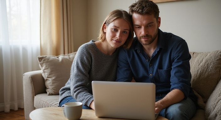 Ein Paar betrachtet konzentriert eine Dating-App für erotisch kontakt und sextreffen in Aargau auf ihrem Laptop.