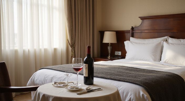 Elegantes Hotelzimmer mit romantischem Tischarrangement und handcuffs.