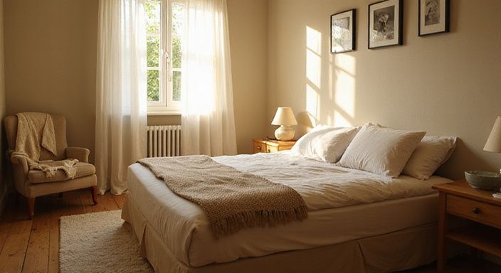 Gemütliches Schlafzimmer mit einem beruhigenden, einladenden Ambiente.
