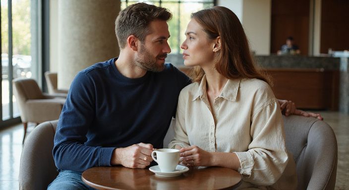 Ein Paar sitzt in einem Hotel-Lobby, in intimer Gesprächsposition.