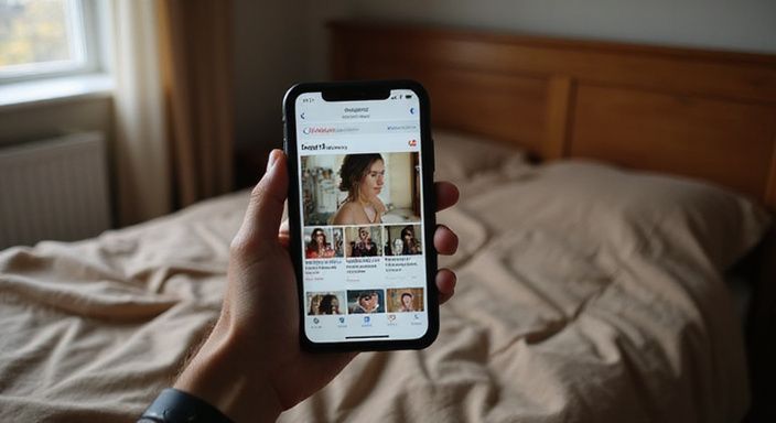 Nahaufnahme eines Smartphones mit Erotik Markt Profilen auf dem Bildschirm.
