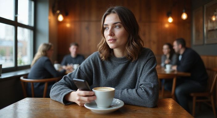 Eine Frau in einem Café scrollt konzentriert durch eine Dating-App für Erotisch Kontakt und Sextreffen in Freiburg.