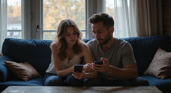 Ein Paar sitzt entspannt auf einem abgenutzten Sofa und schaut auf Smartphones.