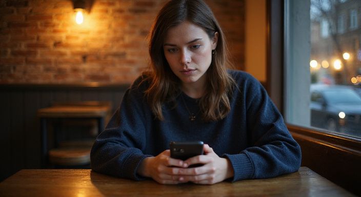 Eine junge Frau sitzt allein in einem Café und schaut auf ihr Smartphone.