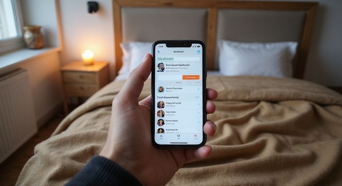 Nahaufnahme eines Smartphones mit Xdate-App für Erotisch Kontakt und Sextreffen in Freiburg in einem Schlafzimmer.