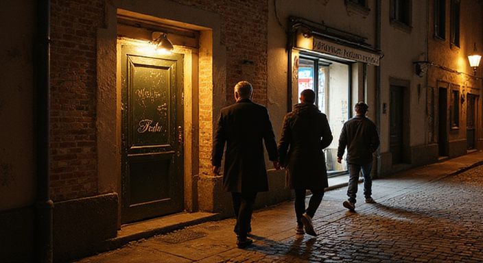 Eine belebte cobblestone Straße in St. Gallen bei Nacht.