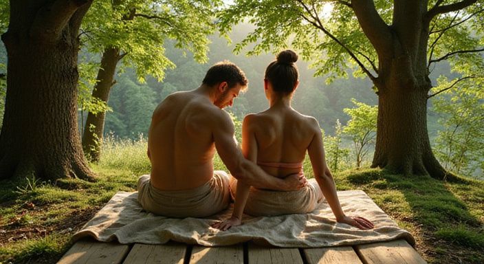 Ein Paar genießt eine intime Tantramassage im Freien.
