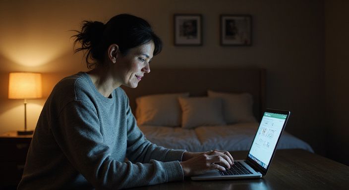 Eine mittelalte Frau sitzt am Schreibtisch und durchstöbert Profile für erotisch kontakt und sextreffen in Sankt Gallen.