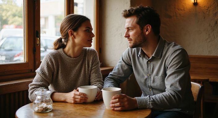 Ein Paar genießt einen intimen Moment in einem gemütlichen Café.