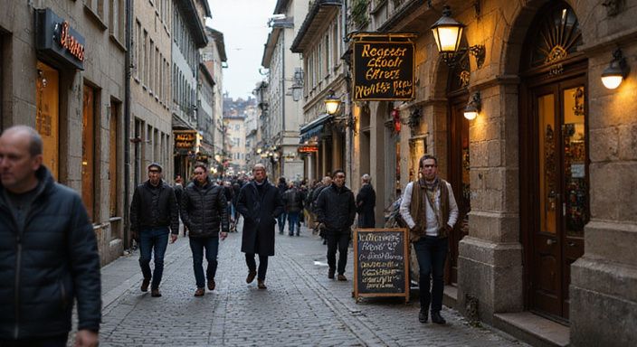 Eine belebte Straße in St. Gallen mit historischen und modernen Gebäuden.