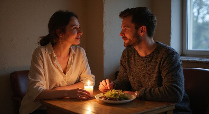 Ein Paar genießt ein romantisches Abendessen in einem gemütlichen Apartment.