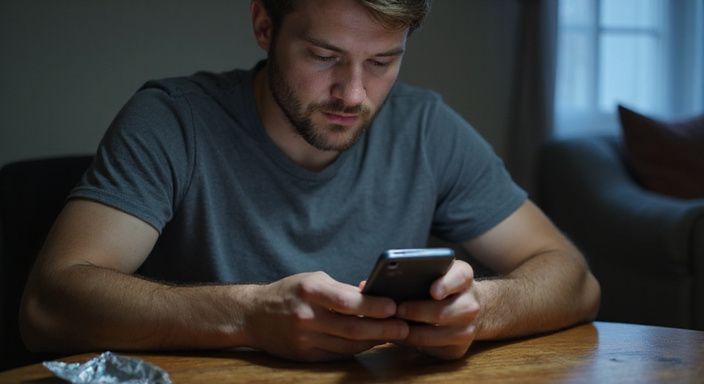Ein Mann nutzt konzentriert eine Dating-App für erotisch kontakt und sextreffen in Sankt Gallen in einem gemütlichen Raum.