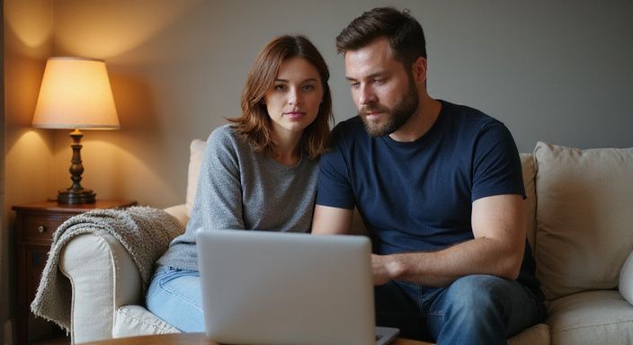 Ein Paar diskutiert konzentriert über eine Webseite für Erotisch Kontakt und Sextreffen in Solothurn auf dem Laptop.